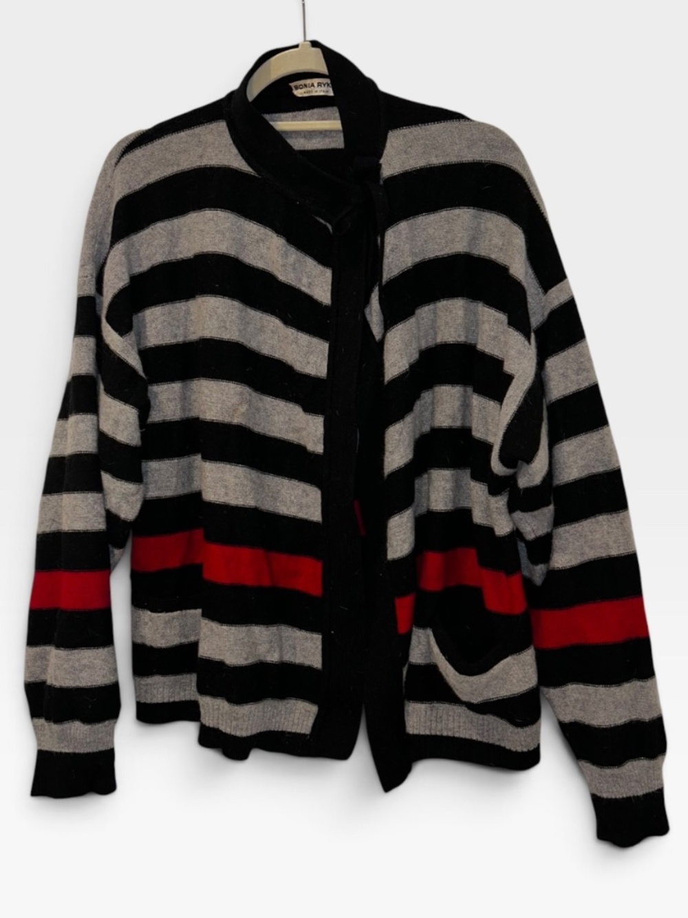Sonia rykiel Vintage 90s black gray red rugby stripe pussy tie cardigan sweater